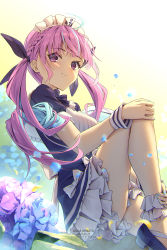 Rule 34 | 1girl, anchor symbol, ankle garter, aqua hair, artist name, braid, character name, colored inner hair, dated, dress, flower, frilled dress, frills, from side, hair ribbon, hands on own knees, highres, hololive, kuro-kun (nablack), long hair, looking at viewer, maid, maid headdress, minato aqua, minato aqua (1st costume), multicolored hair, pink eyes, pink hair, ribbon, sandals, short dress, short sleeves, smile, solo, thighs, twintails, two-tone hair, virtual youtuber, watermark, wrist cuffs