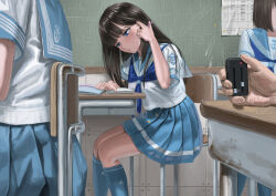 Rule 34 | 1girl, black hair, blue eyes, classroom, desk, itou tatsuya, original, school uniform, sex toy, vibrator, vibrator under clothes
