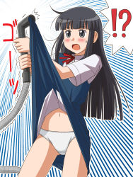 Rule 34 | !?, 1girl, accidental exposure, black eyes, black hair, blush, clothes lift, clumsy, embarrassed, highres, hime cut, lielos, long hair, navel, open mouth, original, panties, sakamoto miko, school uniform, skirt, skirt caught on object, skirt lift, solo, surprised, sweatdrop, underwear, upskirt, vacuum cleaner, wavy mouth