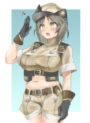 Rule 34 | 1girl, absurdres, alchemy stars, belt, belt pouch, black gloves, blush, breasts, brown hair, brown shirt, brown shorts, crop top, feet out of frame, female illumina soldier (alchemy stars), gloves, highres, large breasts, midriff, military uniform, namomihagi010, navel, open mouth, plump, pouch, salute, shirt, short hair, short sleeves, shorts, simple background, solo, sweatdrop, teeth, turtleneck, uniform, upper teeth only, yellow eyes