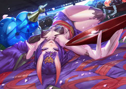 Rule 34 | absurdres, alcohol, collarbone, eyelashes, fate/grand order, fate (series), food, foreshortening, fruit, gourd, grapes, highres, horns, indoors, japanese clothes, jojaow, licking lips, looking at viewer, lying, on back, peach, petals, purple eyes, purple hair, sake, shuten douji (fate), solo, thigh gap, tongue, tongue out, tray