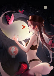 Rule 34 | 1girl, absurdres, ass, black bra, black panties, boo tao (genshin impact), bra, brown hair, bug, butterfly, chinese commentary, floating hair, fog, from side, genshin impact, ghost, hat, highres, hitodama, hu tao (genshin impact), insect, kiss, long hair, moon, night, night sky, panties, porkpie hat, red butterfly, sky, ttkaki, twintails, underwear, underwear only