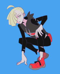 Rule 34 | 1boy, ahoge, arm support, black pants, blonde hair, blue background, closed mouth, creatures (company), full body, game freak, gladion (pokemon), green eyes, hair over one eye, hood, hood down, hoodie, ivib, male focus, nintendo, pants, pokemon, pokemon sm, red footwear, shoes, short hair, simple background, solo, squatting, torn clothes, torn pants