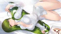 Rule 34 | 1girl, bare legs, barefoot, bed sheet, breasts, c.c., cait aron, code geass, commentary, dress shirt, eating, food, green hair, hair spread out, highres, large breasts, long hair, long sleeves, looking at viewer, lying, naked shirt, on side, partially unbuttoned, pizza, pizza box, pizza slice, shirt, solo, white shirt, yellow eyes