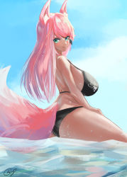 Rule 34 | 1girl, absurdres, ago (owenanaken), animal ear fluff, animal ears, bikini, black bikini, blue eyes, blush, borrowed character, breasts, cloud, from side, hand on own thigh, highres, large breasts, long hair, looking down, original, pink hair, sitting, sky, smile, solo, swimsuit, tail, water