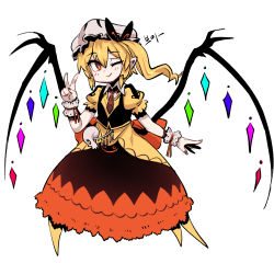 Rule 34 | 1girl, adapted costume, alternate color, black skirt, black vest, blonde hair, blush, crystal, flandre scarlet, hand up, hat, korean text, looking at viewer, mob cap, multicolored clothes, multicolored skirt, necktie, nyong nyong, one eye closed, pointy ears, puffy short sleeves, puffy sleeves, red eyes, red necktie, red skirt, shirt, short sleeves, side ponytail, simple background, skirt, skull, smile, solo, touhou, translation request, vest, white background, white hat, wings, wrist cuffs, yellow pupils, yellow shirt, yellow skirt