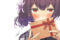 Rule 34 | 1girl, blue hair, blush, covered mouth, dark blue hair, floral print, flower, gift, hair bun, hair flower, hair ornament, holding, holding gift, idolmaster, idolmaster shiny colors, japanese clothes, kimono, looking at viewer, morino rinze, portrait, print kimono, red eyes, simple background, single side bun, solo, sorano eika, white background
