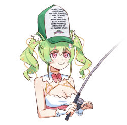 Rule 34 | 1girl, baseball cap, breasts, cleavage, english text, fingerless gloves, fishing rod, frilled gloves, frills, gloves, green hair, hat, highres, holding, holding fishing rod, ichika maia, indie virtual youtuber, long hair, maplesights, medium breasts, meme, pink eyes, smile, solo, twintails, virtual youtuber, white gloves, women want me fish fear me (meme)