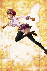 Rule 34 | 1girl, black thighhighs, blue eyes, boots, frilled cuffs, frilled shirt, frilled skirt, frills, full body, gloves, goggles, goggles on head, hat, high heels, koala (one piece), long sleeves, miniskirt, official art, one piece, orange hair, pink shirt, running, shirt, short hair, simple background, skirt, smile, solo, thighhighs, thighs, zettai ryouiki