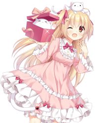 Rule 34 | 1girl, ;d, ahoge, animal, animal ears, animal on head, blonde hair, blush, bow, box, brown eyes, cat, cat ears, cat girl, cat tail, dress, frilled dress, frills, hair bow, hand up, in box, in container, loading (verjuice), long hair, looking at viewer, on head, one eye closed, open mouth, original, pink bow, pink dress, smile, standing, tail, transparent background, very long hair