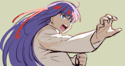 Rule 34 | 1girl, aoba (smartbeat), blue eyes, breasts, dougi, earrings, fate/grand order, fate (series), fighting stance, headband, highres, jewelry, karate gi, large breasts, long hair, long sleeves, looking at viewer, martha (fate), open mouth, purple hair, solo