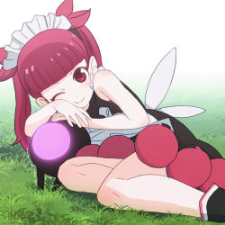 Rule 34 | 1girl, ;), bare shoulders, blunt bangs, bonnet, cheek press, commentary request, dress, grass, hair ribbon, kemurikusa, long hair, looking at viewer, one eye closed, outdoors, red eyes, red hair, ribbon, rina (kemurikusa), sat-c, shiro (kemurikusa), sleeveless, sleeveless dress, smile, solo, twintails