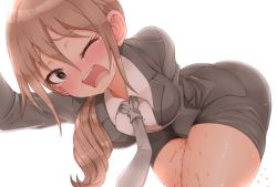 Rule 34 | 1girl, aamondo, arm up, backlighting, bent over, black eyes, black jacket, black skirt, blush, breasts, brown hair, collared shirt, cowboy shot, ear blush, embarrassed, female focus, grey necktie, have to pee, jacket, long hair, long sleeves, looking at viewer, medium breasts, miniskirt, necktie, nose blush, office lady, one eye closed, open mouth, original, pee, peeing, peeing self, pencil skirt, shirt, side ponytail, sidelocks, simple background, skirt, solo, standing, sweat, teeth, thick thighs, thighs, wavy mouth, wet, wet clothes, white background, white shirt, wide hips, wince