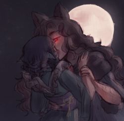 Rule 34 | 2girls, animal ears, arm hair, dress, drill hair, fins, full moon, glowing, glowing eyes, head fins, height difference, holding another&#039;s wrist, imaizumi kagerou, japanese clothes, kimono, kiss, licking, licking another&#039;s face, moon, multiple girls, orz (kagewaka), red eyes, thick eyebrows, touhou, wakasagihime, wavy hair, werewolf, wolf ears, yuri