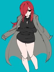 Rule 34 | 1girl, absurdres, blue background, cowboy shot, cross, cross necklace, crossed arms, hair over one eye, highres, jacket, jacket on shoulders, jewelry, looking to the side, necklace, parasoul (skullgirls), red hair, sabi, skirt, skullgirls, solo, sweater, turtleneck, turtleneck sweater, yellow eyes
