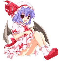 Rule 34 | 1girl, bad id, bad pixiv id, bat wings, blue hair, fang, female focus, full body, hat, highres, marugoshi (54burger), open mouth, puffy short sleeves, puffy sleeves, red eyes, remilia scarlet, ribbon, shoes, short hair, short sleeves, smile, socks, solo, touhou, transparent background, wings