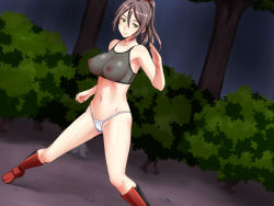 Rule 34 | 1girl, bare arms, bare shoulders, breasts, brown hair, fighting stance, fishnets, floating hair, forest, fundoshi, green eyes, groin, japanese clothes, large breasts, legs, long hair, looking at viewer, nature, navel, nightmare express, ninja, nipples, original, outdoors, ponytail, see-through, shimano natsume, sleeveless, smile, solo, standing, thighs, tree