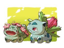 Rule 34 | ^ ^, blush, bulbasaur, claws, closed eyes, closed mouth, commentary request, creatures (company), evolutionary line, fangs, flower, full body, game freak, gen 1 pokemon, happy, highres, ivysaur, looking at another, nintendo, no humans, open mouth, pink flower, pokemon, pokemon (creature), taisa (lovemokunae), tongue, two-tone background