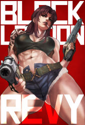 Rule 34 | 1girl, abs, absurdres, aiming, aiming at viewer, belt, beretta 92, black gloves, black lagoon, breasts, brown eyes, brown hair, character name, cigarette, cleavage, commentary, copyright name, crop top, cutoffs, denim, denim shorts, dual wielding, english commentary, eyeshadow, finger on trigger, from below, gloves, gun, handgun, highres, holding, holding gun, holding weapon, holster, large breasts, lips, makeup, mascara, monori rogue, navel, open fly, pistol, ponytail, red background, revy (black lagoon), shorts, shoulder holster, shoulder tattoo, smoking, solo, tattoo, thick thighs, thighs, trigger discipline, weapon