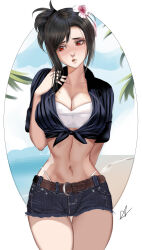 Rule 34 | 1girl, absurdres, arialla draws, arm behind back, beach, belt, belt buckle, bikini, bikini under clothes, black hair, blue shorts, blue skirt, blue sky, blush, breasts, buckle, cleavage, closed mouth, cloud, cloudy sky, collarbone, commentary, cowboy shot, denim, denim shorts, english commentary, final fantasy, final fantasy vii, final fantasy vii rebirth, final fantasy vii remake, flower, front-tie top, hair flower, hair ornament, highleg, highleg bikini, highres, large breasts, long hair, midriff, navel, ocean, official alternate costume, official alternate hairstyle, pink flower, red eyes, shirt, short shorts, shorts, shy, sidelocks, signature, skirt, sky, solo, striped clothes, striped shirt, swept bangs, swimsuit, tied shirt, tifa lockhart, tifa lockhart (majestic glamour), vertical-striped clothes, vertical-striped shirt, white bikini