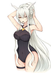 Rule 34 | 1girl, absurdres, adjusting hair, arknights, breasts, casual one-piece swimsuit, cloud (cloud-v-), covered navel, cowboy shot, demon horns, hair between eyes, hair tie in mouth, half-closed eyes, hands up, highres, horns, large breasts, long hair, looking at viewer, mouth hold, official alternate costume, one-piece swimsuit, one eye closed, ponytail, red eyes, shining (arknights), shining (silent night) (arknights), sidelocks, simple background, solo, swimsuit, thigh strap, very long hair, wet, white background, white hair