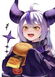 Rule 34 | +++, 1girl, ahoge, blush, braid, burger, burger malfunction, collar, commentary request, demon horns, donggua bing cha, food, highres, holding, holding food, hololive, horns, jacket, la+ darknesss, long sleeves, metal collar, multicolored hair, open mouth, pointy ears, purple hair, purple jacket, silver hair, simple background, sleeves past fingers, sleeves past wrists, solo, streaked hair, tearing up, upper body, virtual youtuber, white background, yellow eyes