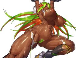 Rule 34 | 1girl, abs, ahoge, armpits, arms up, blush, bound, breasts, closed mouth, cuffs, curvy, dark-skinned female, dark skin, female focus, from below, game cg, groin, hair over one eye, hip focus, huge breasts, leg up, legs, melon22, multicolored hair, navel, nipples, nude, orange eyes, original, pasties, pussy, solo, standing, standing on one leg, thick thighs, thighs, tied up, torn clothes, transparent background, two-tone hair