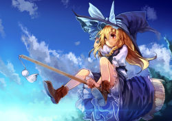 Rule 34 | 1girl, blonde hair, bow, braid, broom, cloud, female focus, hat, kirisame marisa, red eyes, revision, riding, solo, touhou, ukyo rst, witch, witch hat