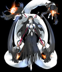 Rule 34 | 10s, 1girl, abyssal ship, antennae, bare shoulders, black hair, breasts, cleavage, collar, commentary request, dress, elbow gloves, formal, gloves, glowing, glowing eyes, high heels, horns, kantai collection, long hair, monster girl, multicolored hair, navel, orange eyes, original, pincers, scythe, sideboob, torichamaru, two-tone hair, worm