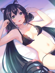 Rule 34 | 1girl, animal ear fluff, animal ears, bare arms, bare shoulders, bed sheet, black bra, black hair, black panties, blush, bow, bra, breasts, cat ears, collarbone, commentary request, dutch angle, front-hook bra, green eyes, groin, gucchiann, hair between eyes, hair bow, hands up, highres, karyl (princess connect!), long hair, looking at viewer, low twintails, medium breasts, navel, open bra, open mouth, panties, princess connect!, purple bow, solo, sweat, twintails, underwear, underwear only, very long hair