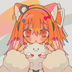 Rule 34 | 1girl, a.i. voice, adachi rei, animal ear fluff, animal ear piercing, animal ears, bow, cat ears, commentary, fur-trimmed jacket, fur trim, hair between eyes, hair bow, hair ornament, hairclip, headlamp, highres, holding, jacket, kemonomimi mode, mochi (na si), nail polish, one side up, open mouth, orange eyes, orange hair, sleeves past wrists, solo, straight-on, symbol-only commentary, upper body, utau