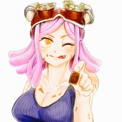 Rule 34 | 10s, 1girl, ;p, blush, boku no hero academia, breasts, chocolate, cleavage, goggles on head, hatsume mei, large breasts, looking at viewer, pink hair, smile, solo, tank top, tongue, yellow eyes