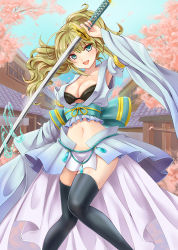 Rule 34 | 1girl, arm up, bad id, bad pixiv id, black bra, black thighhighs, blue skirt, bow, bra, breasts, brown hair, cleavage, detached sleeves, green eyes, hair bow, hydrokinesis, jewelry, large breasts, long hair, lots of jewelry, midriff, navel, original, pleated skirt, ponytail, shinki kakusei melty maiden, skirt, smile, solo, striped, striped bow, sword, tamashiro, thighhighs, underwear, water, weapon