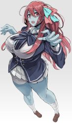 Rule 34 | 10s, 1girl, bandages, blue skin, breasts, bursting breasts, colored skin, full body, grey background, hair ribbon, highres, large breasts, long hair, looking at viewer, minamoto sakura, open mouth, red eyes, red hair, ribbon, scar, school uniform, shoohee, simple background, skirt, solo, standing, unbuttoned, unbuttoned shirt, zombie, zombie land saga