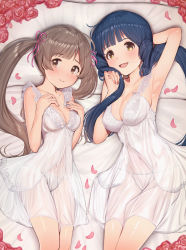 Rule 34 | 2girls, absurdres, arm up, armpits, bare shoulders, blue hair, blush, breasts, brown eyes, brown hair, cleavage, closed mouth, collarbone, commentary request, covered navel, dress, hair ribbon, hakozaki serika, highres, idolmaster, idolmaster million live!, idolmaster million live! theater days, kitakami reika, lace, long hair, looking at viewer, low twintails, lying, medium breasts, multiple girls, open mouth, panties, petals, ribbon, see-through, smile, suzuki puramo, twintails, underwear, white dress, white panties