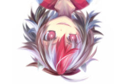 Rule 34 | 1girl, ahoge, black hair, cone horns, grey horns, guuchama, highres, horns, kijin seija, looking at viewer, messy hair, multicolored hair, open mouth, portrait, red eyes, red hair, shirt, short hair, simple background, smile, solo, streaked hair, touhou, upside-down, white background, white hair