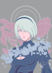 Rule 34 | 1girl, artist name, asymmetrical bangs, black dress, black headband, blue flower, breasts, cleavage, cleavage cutout, clothing cutout, cutout above navel, dress, floral background, flower, grey background, hair over one eye, headband, high collar, highres, leaf, light green hair, looking at viewer, luffie, nier:automata, nier (series), pale skin, parted lips, petals, pink flower, short hair, signature, simple background, solo, 2b (nier:automata)