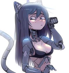 Rule 34 | 1girl, absurdres, android, animal ears, blue eyes, bra, breasts, cat ears, cat tail, cleavage, clenched hand, cyborg, highres, joints, long hair, looking to the side, mecha musume, mechanical arms, mechanical parts, nradiowave, original, paw pose, robot ears, robot joints, simple background, solo, tail, underwear, upper body, white background