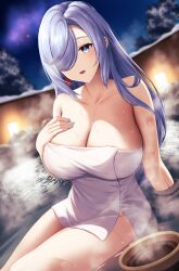 Rule 34 | 1girl, absurdres, arm support, aurora, bare arms, blue eyes, blue hair, breasts, cleavage, collarbone, commentary request, genshin impact, hair over one eye, highres, large breasts, long hair, looking at viewer, naked towel, night, onsen, open mouth, shenhe (genshin impact), sitting, smile, snow, solo, steam, towel, tree, wet, white towel, yumeto (ym-1)