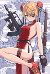 Rule 34 | 1girl, assault rifle, black gloves, blonde hair, breasts, bullpup, bun cover, china dress, chinese clothes, commentary request, double bun, dragon, dress, eastern dragon, eyepatch, gloves, gun, hair between eyes, hair bun, highres, holding, holding weapon, leg up, looking at viewer, medium breasts, no panties, original, parted lips, pink eyes, qbz-95, red dress, red footwear, ribs, rifle, samaru (seiga), shoes, short hair, sideboob, sleeveless, sleeveless dress, solo, thigh strap, trigger discipline, weapon