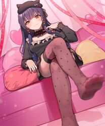Rule 34 | 1girl, animal print, beret, black hair, black shirt, blush, breasts, buttoned cuffs, buttons, choker, couch, crossed legs, cushion, doyagao, dutch angle, fake horns, frilled choker, frills, hat, heart, highres, horned headwear, horns, idolmaster, idolmaster shiny colors, kamille (vcx68), leopard print, long sleeves, looking at viewer, mayuzumi fuyuko, medium breasts, no shoes, on couch, polka dot thighhighs, print skirt, redrawn, shirt, sidelocks, sitting, skirt, smug, solo