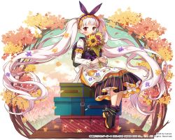 Rule 34 | 1girl, albino, ankle boots, apron, armband, artist name, autumn leaves, backpack, bag, black footwear, boots, bouquet, bright pupils, dress, floral print, flower, frilled hairband, frills, full body, hair ribbon, hairband, holding, holding bouquet, kai-ri-sei million arthur, layered dress, legs together, long hair, long sleeves, looking at viewer, million arthur (series), nyanya, official art, petticoat, purple ribbon, red eyes, ribbon, simple background, sitting, socks, solo, striped, sunflower, tareme, twintails, vertical stripes, very long hair, waist apron, white apron, white background, white hair
