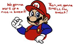 Rule 34 | 1boy, blue eyes, blue shirt, brown hair, clothes writing, cropped torso, english text, facial hair, flat color, gloves, hand up, happy, hat, long sleeves, looking at viewer, male focus, mario, mario (series), mustache, nintendo, open mouth, overalls, red hat, red overalls, shirt, short hair, sideways mouth, simple background, smile, solo, talking, teeth, upper body, vilepluff, white background, white gloves