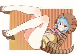 Rule 34 | 10s, 1girl, absurdres, animal hood, ass, bare legs, blue hair, blush, bow, bowtie, breasts, closed mouth, crossed bangs, dress, feet, full body, green eyes, hands in pockets, highres, hood, hood up, hoodie, kemono friends, legs, looking at viewer, lying, parted lips, ribbon, rogu (log 264), short dress, simple background, slippers, snake tail, solo, striped clothes, striped hoodie, striped tail, sweater, sweater dress, tail, tsuchinoko (kemono friends), white background
