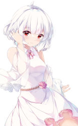 Rule 34 | 1girl, ahoge, bare shoulders, blush, breasts, closed mouth, collared dress, commentary request, detached sleeves, dress, flower, fuuna, hair flaps, hand in own hair, hand up, highres, lace, lace-trimmed dress, lace trim, long sleeves, looking at viewer, medium breasts, original, pink flower, pink rose, red eyes, rose, see-through, see-through sleeves, simple background, sleeveless, sleeveless dress, sleeves past wrists, smile, solo, white background, white dress, white hair, wide sleeves
