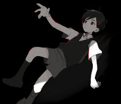 Rule 34 | 1boy, :|, absurdres, black background, black eyes, black hair, black socks, black vest, child, closed mouth, collared shirt, commentary, expressionless, falling, foot out of frame, grey shorts, highres, kneehighs, male focus, mdmdmdmd23eng, omori, outstretched arm, reaching, shirt, short hair, short sleeves, shorts, simple background, sketch, socks, solo, sunny (omori), symbol-only commentary, vest, white shirt