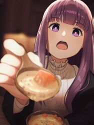 Rule 34 | 1girl, black coat, blurry, bowl, coat, commentary, depth of field, dress, fern (sousou no frieren), food, frills, highres, holding, holding bowl, incoming food, long hair, looking at viewer, open mouth, pov, purple eyes, purple hair, shoga 0226, sidelocks, solo, soup, sousou no frieren, spoon, teeth, upper teeth only, very long hair, white dress, wooden bowl, wooden spoon