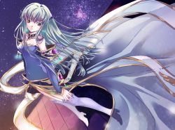 Rule 34 | 1girl, boots, breasts, c.c., code geass, detached sleeves, dress, garter straps, green hair, hair ornament, high heels, long hair, meimi k, solo, star (sky), thigh boots, thighhighs, yellow eyes