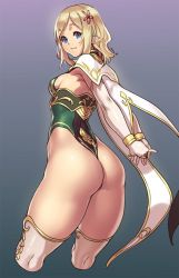 Rule 34 | 1girl, arms behind back, ass, blonde hair, blue eyes, breasts, cape, cropped legs, elf, from behind, gloves, hair ornament, houtengeki, jpeg artifacts, leotard, looking at viewer, looking back, original, pointy ears, short hair, small breasts, smile, solo, thick thighs, thighhighs, thighs, thong leotard, white gloves, white thighhighs