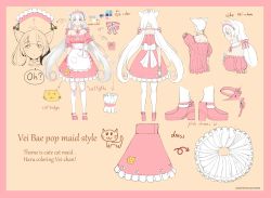 Rule 34 | 1girl, absurdres, animal ear fluff, animal ears, bare shoulders, blue eyes, border, bow, cat, cat ears, character name, character sheet, chikushi nitouhei, detached collar, dress, high heels, highres, indie virtual youtuber, kemonomimi mode, long hair, looking up, maid, open hand, pink border, pink bow, pink dress, thighhighs, twintails, vei (vtuber), vei (vtuber) (3rd costume), very long hair, virtual youtuber, white hair, wrist cuffs, yellow background